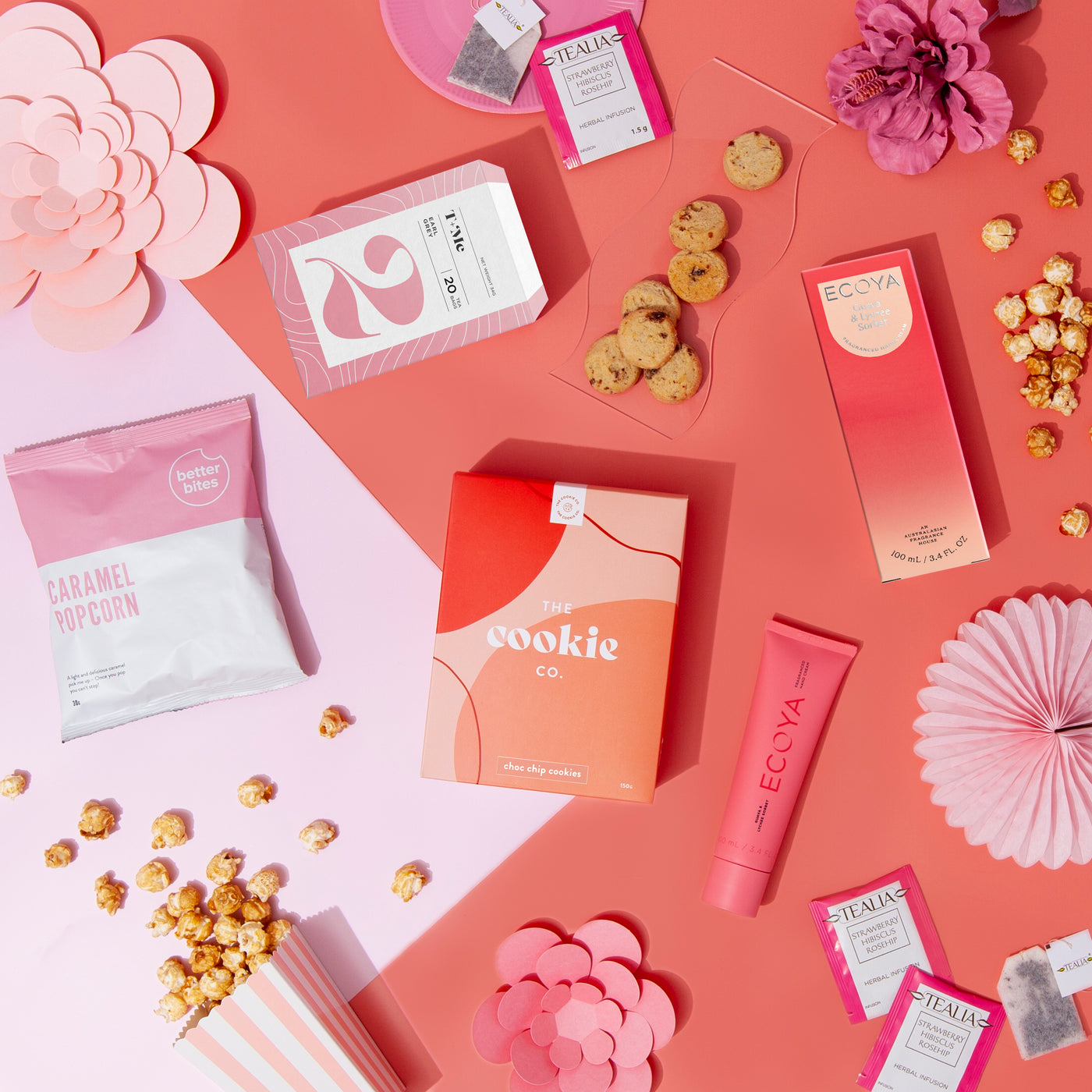 The How Sweet It Is Pink Themed Gift Hamper with cookies, ECOYA hand cream tea and popcorn